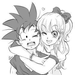 Rule 34 | 1boy, 1girl, ;d, age difference, black eyes, black hair, bra (dragon ball), bracelet, character name, dougi, dragon ball, dragon ball gt, earrings, greyscale, hair ribbon, heart, hug, hug from behind, jewelry, looking at another, looking at viewer, miiko (drops7), monochrome, nervous, one eye closed, open mouth, ribbon, smile, son goku, spiked hair