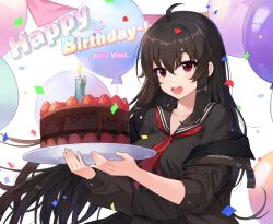 Rule 34 | 1girl, artist request, birthday cake, black hair, black serafuku, blush, cake, food, highres, holding, holding plate, iris yuma, jacket, long hair, looking at viewer, necktie, non-web source, official style, open clothes, open jacket, open mouth, plate, red eyes, school uniform, serafuku, solo, soulworker, source request