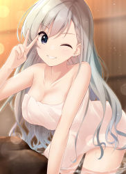 Rule 34 | 1girl, akisaka yamoka, arm support, bare legs, bare shoulders, blue eyes, blurry, blurry background, blush, braid, braided bangs, breasts, cleavage, collarbone, commentary request, earrings, grey hair, highres, hisakawa hayate, hoop earrings, idolmaster, idolmaster cinderella girls, jewelry, large breasts, light blush, light particles, long hair, looking at viewer, naked towel, one eye closed, onsen, rock, smile, solo, sparkle, towel, v, wading, water, white towel