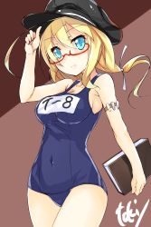Rule 34 | 10s, 1girl, aqua eyes, artist name, blonde hair, book, breasts, brown background, covered navel, cowboy shot, glasses, hair ribbon, hand on headwear, hat, highres, holding, i-8 (kancolle), kantai collection, large breasts, looking at viewer, name tag, one-piece swimsuit, peaked cap, red-framed eyewear, ribbon, school swimsuit, semi-rimless eyewear, signature, simple background, solo, swimsuit, toki/, under-rim eyewear