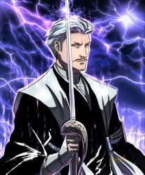 Rule 34 | 1boy, aura, bad id, bad pixiv id, bleach, closed mouth, electricity, electrokinesis, furrowed brow, glowing, gonryoumaru, hair slicked back, looking at viewer, male focus, purple background, rapier, san-san (pixiv16523866), sasakibe choujirou, serious, shikai, shinigami, signature, silver hair, solo, sword, thunder, weapon, yellow eyes