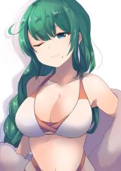 Rule 34 | 1girl, absurdres, bikini, blue eyes, blush, braid, braided ponytail, breasts, cleavage, closed mouth, collarbone, commentary request, dyson (edaokunnsaikouya), green hair, hair between eyes, highres, kantai collection, large breasts, long hair, looking at viewer, mole, mole under mouth, one eye closed, simple background, single braid, smile, solo, swimsuit, upper body, white bikini, yuugumo (kancolle)
