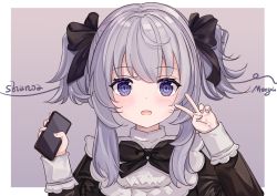 Rule 34 | 1girl, absurdres, alternate hairstyle, black bow, bow, cellphone, dress, grey hair, hair bow, highres, indie virtual youtuber, long hair, long sleeves, looking at viewer, moegala, open mouth, phone, purple eyes, shanoa (vtuber), short hair, simple background, smartphone, solo, two side up, virtual youtuber