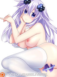 Rule 34 | 1girl, adult neptune, breasts, censored, choujigen game neptune, gabriel evangel, hair ornament, hairclip, highres, large breasts, long hair, looking at viewer, lying, neptune (neptunia), neptune (series), nipples, nude, on side, patreon username, purple eyes, purple hair, shin jigen game neptune vii, simple background, smile, solo, thighhighs, white background, white thighhighs