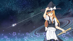 Rule 34 | &gt;:d, 1girl, :d, adjusting clothes, adjusting headwear, bad id, bad pixiv id, blonde hair, blue eyes, bow, broom, comet, dress, hair bow, hat, hat bow, highres, kirisame marisa, long hair, magic circle, open mouth, sky, smile, solo, space, star (sky), starry sky, touhou, tsurime, v-shaped eyebrows, witch hat, yonaga (masa07240)