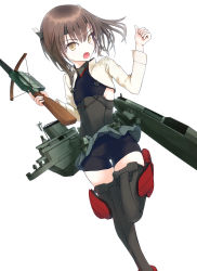 Rule 34 | 1girl, bike shorts, black shorts, bow (weapon), brown eyes, brown hair, commentary request, crossbow, feet out of frame, flat chest, grey skirt, headband, headgear, highres, kantai collection, looking at viewer, machinery, muneate, namupoi, open mouth, pleated skirt, short hair, shorts, simple background, skirt, solo, taihou (kancolle), thigh gap, thighhighs, weapon, white background