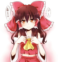 Rule 34 | 1girl, bare shoulders, blush, brown hair, detached sleeves, female focus, fingers together, hair tubes, hakurei reimu, haruki (colorful macaron), index fingers together, long hair, looking at viewer, midriff peek, navel, red eyes, skirt, solo, speech bubble, touhou, wavy mouth