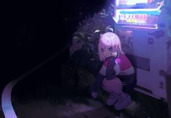 Rule 34 | 1girl, chromatic aberration, full body, highres, long sleeves, manga time kirara, multicolored clothes, multicolored sweater, outdoors, pink hair, plant, shoes, shorts, sleeves past wrists, sneakers, socks, solo, squatting, sweater, tagme, uso (ameuzaki), vending machine, white socks