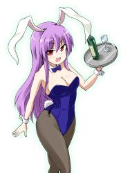 Rule 34 | 1girl, animal ears, bare arms, bare shoulders, black pantyhose, bottle, breasts, cleavage, cup, detached collar, drinking glass, halftone, halftone background, kousei (public planet), large breasts, leotard, long hair, looking at viewer, open mouth, pantyhose, playboy bunny, purple hair, rabbit ears, rabbit girl, rabbit tail, red eyes, reisen udongein inaba, smile, solo, tail, touhou, tray, very long hair, wine bottle, wine glass, wrist cuffs