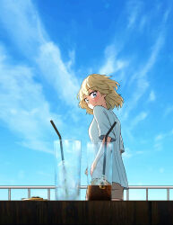 Rule 34 | 1girl, absurdres, alternate costume, alternate hairstyle, blonde hair, blue eyes, blue sky, blush, brown shorts, closed mouth, cup, ddolbang, drinking glass, from behind, from side, highres, hololive, hololive english, looking at viewer, looking back, looking to the side, shirt, short hair, shorts, sky, smile, solo, t-shirt, virtual youtuber, watson amelia, white shirt