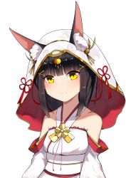 Rule 34 | 1girl, absurdres, animal ears, artist request, azur lane, bare shoulders, black hair, commentary request, highres, hood, japanese clothes, kimono, looking at viewer, nagato (azur lane), nagato (great fox&#039;s white gown) (azur lane), short hair, simple background, smile, solo, uchikake, upper body, white background, yellow eyes