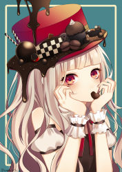 Rule 34 | 1girl, bare shoulders, blonde hair, blunt bangs, blush, braid, candy, chocolate, chocolate heart, cinnamon stick, cupcake, detached sleeves, food, food-themed clothes, fruit, hands on own cheeks, hands on own face, hat, heart, long hair, looking at viewer, mouth hold, multicolored eyes, nail polish, neck ribbon, original, puffy short sleeves, puffy sleeves, red eyes, red hat, red nails, red ribbon, ribbon, short sleeves, solo, strawberry, twin braids, two-tone background, umeno shii, upper body, valentine, wrist cuffs, yellow eyes