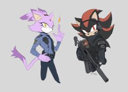 Rule 34 | 1boy, 1girl, animal ears, assault rifle, black fur, black necktie, blaze the cat, blue shirt, bulletproof vest, cat ears, cat girl, cat tail, endjfcar, eyelashes, fire, forehead jewel, furry, furry female, furry male, grey background, gun, hand on own hip, highres, necktie, pants, police, police uniform, ponytail, purple fur, red eyes, red fur, rifle, shadow the hedgehog, shirt, simple background, sketch, sonic (series), tail, uniform, weapon, yellow eyes