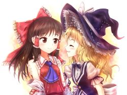 Rule 34 | 2girls, ascot, bad id, bad pixiv id, bare shoulders, blonde hair, blush, bow, brown eyes, brown hair, buttons, detached sleeves, eyebrows, closed eyes, frilled hat, frills, hair bow, hair tubes, hakurei reimu, hat, hat ribbon, kirisame marisa, long hair, looking at another, minust, multiple girls, puffy short sleeves, puffy sleeves, red bow, ribbon, ribbon-trimmed sleeves, ribbon trim, sarashi, short sleeves, simple background, smile, teeth, touhou, upper body, vest, white ribbon, witch hat