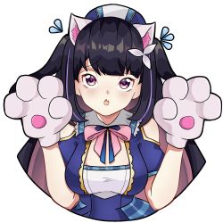 Rule 34 | :o, animal ears, animal hands, beret, black hair, blue dress, blue ribbon, blush, bow, bowtie, breasts, cat ears, cat paws, cleavage cutout, clothing cutout, colored inner hair, commentary request, dress, fake animal ears, fang, flower, flying sweatdrops, geracas art, gloves, gold trim, hair flower, hair ornament, hands up, hat, highres, hina misora, long hair, looking at viewer, medium breasts, multicolored hair, neck ribbon, paw gloves, pink bow, pink eyes, pink hair, plaid, plaid dress, ribbon, shoulder cutout, skin fang, solo, spanish commentary, streaked hair, two-tone hair, two side up, very long hair, virtual youtuber, wactor production, white flower