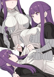Rule 34 | 1boy, 1girl, bandaged hand, bandages, blunt bangs, breasts, cleavage, closed mouth, empty eyes, fern (sousou no frieren), grabbing, grabbing another&#039;s breast, large breasts, long hair, long sleeves, multiple views, purple eyes, purple hair, shiseki hirame, simple background, solo, sousou no frieren, stark (sousou no frieren), upper body, white background