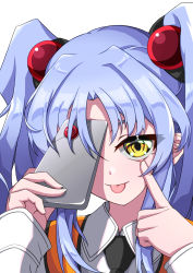 Rule 34 | 1girl, akanbe, close-up, eyelid pull, highres, holding, holding phone, hoshino ruri, kidou senkan nadesico, looking at viewer, necktie, one eye covered, phone, ru-ha, silver hair, solo, tongue, tongue out, twintails, yellow eyes