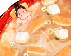 Rule 34 | 1girl, black hair, closed eyes, completely nude, food, in food, mini person, minigirl, miso soup, natsui tuna, nude, open mouth, original, solo, spring onion, tofu