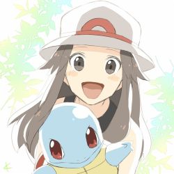 Rule 34 | 1girl, :d, bare shoulders, blush, brown eyes, brown hair, commentary request, creatures (company), game freak, gen 1 pokemon, hat, kanade (10 ko nama), leaf (pokemon), looking at viewer, nintendo, no nose, open mouth, pokemon, pokemon (creature), pokemon frlg, smile, squirtle, upper body, white hat
