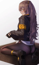 Rule 34 | 1girl, 3 small spiders, absurdres, black pantyhose, boots, fingerless gloves, from behind, girls&#039; frontline, gloves, grey hair, highres, jacket, leotard, long hair, no pants, one side up, pantyhose, scar, scar across eye, scar on face, sitting, ump45 (girls&#039; frontline), wariza, yellow eyes