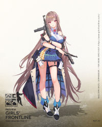 Rule 34 | 1girl, arm across waist, arm under breasts, black hair, blue dress, blue necktie, blush, boots, breasts, brown hair, closed mouth, coat, collared dress, cross, dress, dual wielding, flower, full body, girls&#039; frontline, gun, highres, holding, large breasts, long hair, looking at viewer, mat-49, mat-49 (girls&#039; frontline), multicolored eyes, multicolored hair, necktie, off shoulder, official art, open clothes, open coat, pink eyes, pouch, red flower, red rose, rose, sidelocks, sleeve cuffs, sleeveless, sleeveless dress, smile, solo, standing, streaked hair, submachine gun, thigh strap, thighs, trigger discipline, very long hair, weapon, wristband