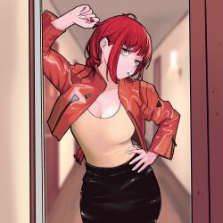 Rule 34 | 1girl, absurdres, artem vitt, black skirt, breasts, chainsaw man, cleavage, commentary, cosplay, cropped jacket, doorway, hand on own hip, highres, jacket, katsuragi misato, katsuragi misato (cosplay), long hair, makima (chainsaw man), neon genesis evangelion, open clothes, open jacket, red hair, red jacket, russian commentary, skirt, solo, white nails, yellow eyes