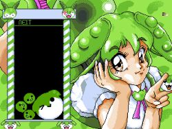 Rule 34 | 1girl, brown eyes, closed mouth, creature and personification, fake screenshot, feet out of frame, green hair, hair between eyes, hand on own cheek, hand on own face, ko-chan, long hair, looking at viewer, lying, on stomach, pc-98 (style), pixel art, shirt, short sleeves, smile, solo, suika game, the pose, v, voiceroid, voicevox, white shirt, zundamon