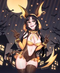 Rule 34 | 1girl, absurdres, animal ears, artist name, bare shoulders, bat (animal), black hair, bra, breasts, brown gloves, brown leotard, brown thighhighs, center opening, cleavage, con-quest, cowboy shot, creatures (company), double v, elbow gloves, fake animal ears, female focus, frilled leotard, frills, game freak, gen 1 pokemon, gloves, grey eyes, hands up, happy, highres, hood, large breasts, leotard, long hair, looking to the side, moon, navel, night, nintendo, open mouth, outdoors, personification, pokemon, raichu, ribbon, signature, skindentation, smile, solo, source request, standing, star (symbol), tail, teeth, thighhighs, tree, underwear, v, yellow bra, yellow ribbon
