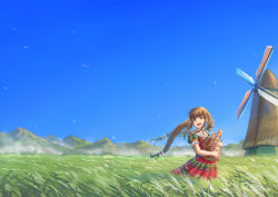 Rule 34 | 1girl, :d, baguette, basket, blue sky, braid, bread, brown eyes, brown hair, collarbone, commentary request, day, dress, field, food, gohei (aoi yuugure), head tilt, highres, long hair, low twintails, mountain, hugging object, open mouth, original, outdoors, puffy short sleeves, puffy sleeves, red dress, short sleeves, sidelocks, sky, smile, solo, standing, twin braids, twintails, very long hair, windmill
