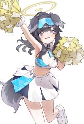 Rule 34 | 1girl, animal ears, arm up, bare shoulders, black hair, blue archive, blush, breasts, cheerleader, cleavage, commentary request, crop top, dog ears, dog girl, dog tail, eyewear on head, full body, halo, hibiki (blue archive), hibiki (cheer squad) (blue archive), highres, holding, long hair, looking at viewer, medium breasts, midriff, millennium cheerleader outfit (blue archive), miniskirt, navel, official alternate costume, open mouth, pleated skirt, pom pom (cheerleading), skirt, solo, standing, standing on one leg, tail, white background, white footwear, yasananasay