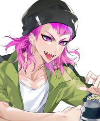 Rule 34 | 1boy, beanie, black bow, black hat, bow, braid, collarbone, commentary request, danganronpa (series), danganronpa 2: goodbye despair, ear piercing, earrings, ela (h an), green jumpsuit, hat, highres, jewelry, jumpsuit, looking down, male focus, open clothes, piercing, pink eyes, pink hair, sharp teeth, shirt, short sleeves, simple background, smile, soda kazuichi, solo, teeth, tongue, tongue out, upper body, upper teeth only, white background, white shirt