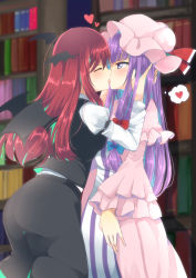 Rule 34 | 2girls, ^ ^, ass, black skirt, black vest, blue bow, blue eyes, blush, bow, capelet, closed eyes, commentary request, cowboy shot, demon wings, dress, facing another, french kiss, frilled capelet, frilled sleeves, frills, from side, hair between eyes, hair bow, hat, hat ribbon, head wings, heart, highres, indoors, juliet sleeves, kiss, koakuma, long hair, long sleeves, looking at another, mob cap, multiple girls, ougi hina, patchouli knowledge, pink capelet, pink dress, pink headwear, profile, puffy sleeves, purple hair, red bow, red hair, red ribbon, ribbon, shirt, sidelocks, skirt, skirt set, standing, striped clothes, striped dress, thought bubble, tongue, touhou, vertical-striped clothes, vertical-striped dress, vest, white shirt, wide sleeves, wings, yuri