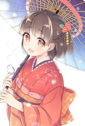 Rule 34 | 1girl, bird, breath, commentary request, floral print, flower, hair flower, hair ornament, highres, japanese clothes, kimono, looking at viewer, looking up, mugicha (mugicha0929), obi, oil-paper umbrella, open mouth, original, red kimono, sash, snowing, solo, umbrella