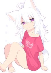 Rule 34 | 1girl, animal ear fluff, animal ears, antenna hair, arm support, bare legs, barefoot, blush stickers, cat ears, cat girl, cat tail, closed mouth, collarbone, flat chest, full body, hair between eyes, head tilt, highres, long hair, mofuaki, naked shirt, original, purple eyes, red shirt, romaji text, shiro (mofuaki), shirt, short sleeves, simple background, sitting, solo, tail, toenails, translated, white background, white hair