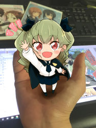 Rule 34 | :d, absurdres, anchovy (girls und panzer), anzio school uniform, arm up, barashiya, black cape, black footwear, black neckwear, black ribbon, black skirt, blush stickers, cape, chibi, commentary, dress shirt, drill hair, girls und panzer, green hair, hair ribbon, highres, holding, in palm, long hair, long sleeves, looking at viewer, mini person, minigirl, miniskirt, necktie, notice lines, open mouth, pantyhose, photo background, pleated skirt, red eyes, ribbon, riding crop, school uniform, shirt, shoes, skirt, smile, standing, twin drills, twintails, waving, white legwear, white shirt