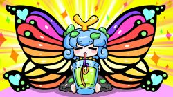 Rule 34 | 1girl, antennae, aqua hair, barefoot, black dress, blush stickers, butterfly wings, closed eyes, cup, dress, drink, drinking, drinking glass, drinking straw, drinking straw in mouth, edowan, eternity larva, fairy, hair between eyes, highres, insect wings, leaf, leaf on head, short hair, solo, sparkle, thick eyebrows, touhou, wings
