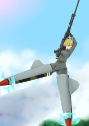 Rule 34 | 1girl, absurdres, anti-materiel rifle, arms up, bird tail, black bow, black gloves, black pantyhose, blonde hair, blue sky, bow, boys anti-tank rifle, breasts, cloud, commentary, english commentary, flying, gloves, green eyes, gun, hair bow, head wings, highres, isosceles triangle (xyzxyzxyz), medium breasts, open mouth, original, pantyhose, rifle, sky, sniper rifle, solo, spread legs, striker unit, tail, weapon, wings, world witches series