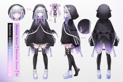 Rule 34 | 1girl, :3, black jumpsuit, black thighhighs, blue hair, blue nails, braid, character name, character sheet, chest harness, collar, collared jacket, colored inner hair, cross hair ornament, ear piercing, fang, frilled collar, frilled hood, frills, from behind, from side, gradient hair, grey hair, hair intakes, hair ornament, harness, heavenrend, highres, hime cut, hood, indie virtual youtuber, jacket, jumpsuit, long hair, long sleeves, multicolored hair, nail art, nail polish, name tag, parted bangs, piercing, purple eyes, purple ribbon, ribbon, sidelocks, single braid, skin fang, skirt, skull hair ornament, sleeves past wrists, slit pupils, thighhighs, tooth, torn clothes, torn legwear, turtleneck, two side up, unxi, v, virtual youtuber, white footwear, white skirt, yumemi rurumi