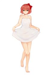 Rule 34 | 1girl, alternate costume, azuyan, bare arms, bare legs, barefoot, blue eyes, bow, brown hair, choker, collarbone, commentary request, doki doki literature club, dress, full body, hair between eyes, hair bow, highres, looking at viewer, red bow, sayori (doki doki literature club), short hair, simple background, skirt hold, solo, strap slip, strapless, strapless dress, sundress, white background, white choker, white dress