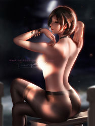 Rule 34 | 1girl, ada wong, artist name, ass, bench, bloom, bob cut, bracelet, breasts, brown hair, capcom, censored, choker, closed eyes, commentary, crossed legs, english commentary, from behind, jewelry, liang xing, light censor, nude, pantyhose, patreon username, pixie cut, resident evil, resident evil 2, short hair, signature, sitting, solo, thighband pantyhose, watch, wristwatch