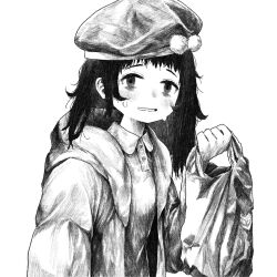 Rule 34 | 1girl, alternate hair length, alternate hairstyle, arm at side, bag, bags under eyes, beret, blush, buttons, collared shirt, empty eyes, from side, greyscale, grocery bag, hand up, hat, highres, holding, holding bag, jacket, kilsturgeon, long hair, looking at viewer, messy hair, milk-chan (milk series), milk inside a bag of milk inside a bag of milk, monochrome, nervous, nervous smile, nervous sweating, nose blush, open clothes, open jacket, open mouth, plastic bag, raised eyebrows, shirt, shopping bag, simple background, smile, solo, sweat, upper body, wavy hair, white background