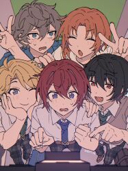 Rule 34 | 2024, 5boys, behind another, chromatic aberration, commentary, dated, day, ensemble stars!, foreshortening, from above, hand on another&#039;s shoulder, highres, male focus, multiple boys, narukami arashi, neckerchief, niyororinpayamaru, no jacket, outdoors, pointing, sakuma ritsu, school uniform, sena izumi (ensemble stars!), suou tsukasa, sweatdrop, symbol-only commentary, tsukinaga leo, v, yumenosaki school uniform