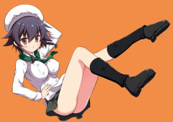 Rule 34 | 10s, 1girl, arm up, black footwear, black hair, boots, braid, breasts, brown eyes, buttons, chef hat, chef, full body, girls und panzer, hat, knee boots, large breasts, long sleeves, looking at viewer, miniskirt, odawara hakone, orange background, pepperoni (girls und panzer), short hair, side braid, simple background, single braid, skirt, smile, solo, toque blanche