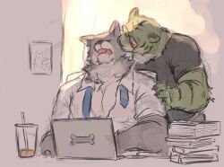 Rule 34 | 2boys, bara, blackham, bone print, book, book stack, comforting, computer, couple, fangs, furry, furry male, furry with furry, glasses, green fur, hand on another&#039;s shoulder, head kiss, laptop, large pectorals, male focus, multiple boys, muscular, muscular male, open mouth, original, pectoral cleavage, pectorals, salaryman, shirt, short hair, t-shirt, thick eyebrows, tiger boy, upper body, wolf boy, yaoi