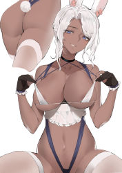 Rule 34 | 1girl, absurdres, alios arvin, animal ears, areola slip, ass, warrior of light (ff14), black choker, black gloves, blue eyes, bra, breasts, choker, commission, dark-skinned female, dark skin, final fantasy, final fantasy xiv, gloves, hands up, highres, large breasts, looking at viewer, micro bra, multiple views, navel, partially fingerless gloves, rabbit ears, rabbit girl, rabbit tail, simple background, smile, spread legs, strap lift, tail, thighhighs, underwear, underwear only, viera, white background, white bra, white hair, white thighhighs