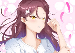 Rule 34 | 1girl, absurdres, artist name, artist request, blush, breasts, brown eyes, collarbone, dress, earrings, feather earrings, feathers, female focus, floating hair, hair between eyes, hair ornament, hairclip, highres, jewelry, long hair, looking at viewer, love live!, love live! school idol festival, love live! sunshine!!, love spiral tower (love live!), parted lips, pink background, pink feathers, plaid, plaid dress, pleated, pleated dress, portrait, puffy short sleeves, puffy sleeves, red hair, sakurauchi riko, short sleeves, small breasts, smile, solo, teeth, the story of feather (love live!), upper body, white dress, yellow eye