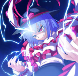 Rule 34 | 1girl, :&lt;, angry, electricity, female focus, frills, frown, hat, jerry, lightning, nagae iku, purple hair, red eyes, shawl, short hair, solo, touhou