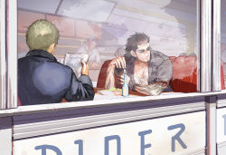 Rule 34 | 2boys, bara, beard, bottle, cor leonis, diner, eating, facial hair, final fantasy, final fantasy xv, fork, from side, gladiolus amicitia, hair slicked back, holding, holding fork, in higashiyama, jewelry, long sideburns, male focus, mature male, medium hair, multiple boys, muscular, muscular male, necklace, newspaper, pectoral cleavage, pectorals, reading, restaurant, scar, scar across eye, scar on face, short hair, sideburns, sitting, smile, stubble, undercut, window
