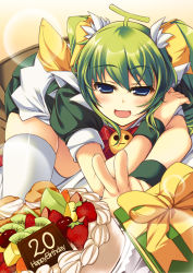 Rule 34 | 1girl, amanooni touri, bad id, bad pixiv id, blue eyes, bow, cake, food, fruit, green hair, happy birthday, kiwi (fruit), melon-chan, melonbooks, pastry, solo, strawberry, thighhighs, twintails, white thighhighs