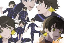 Rule 34 | 2boys, bachira meguru, ball, barefoot, black bodysuit, black hair, blonde hair, blue lock, bodysuit, clenched hands, closed eyes, closed mouth, commentary, face-to-face, fire, full body, highres, isagi yoichi, looking at another, looking to the side, male focus, multicolored hair, multiple boys, open mouth, pepupapipooo, short hair, simple background, sitting, smile, soccer, soccer ball, standing, standing on one leg, sweat, two-tone hair, white background, yellow eyes